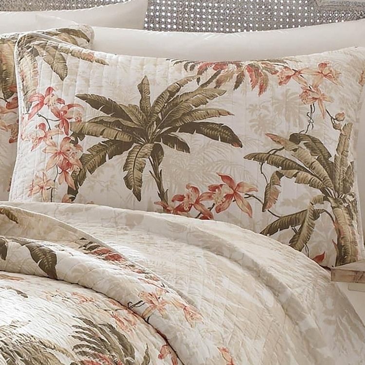 Full / Queen Cotton Coastal Palm Tree Floral 3 Piece Reversible Quilt Set - Free Shipping