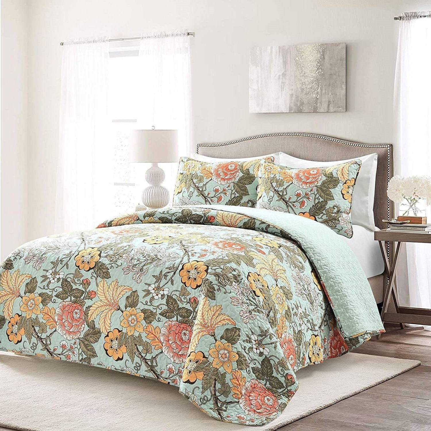 Full/Queen 3 Piece Farmhouse Teal Blue Floral Cotton Reversible Quilt Set - Free Shipping