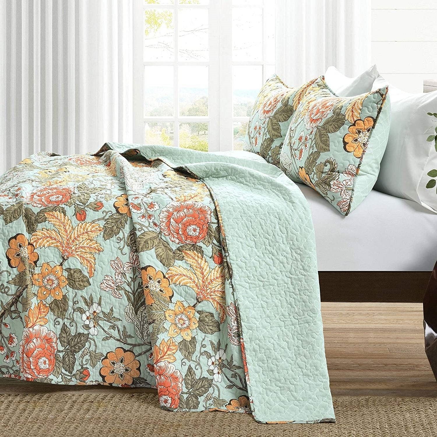 Full/Queen 3 Piece Farmhouse Teal Blue Floral Cotton Reversible Quilt Set - Free Shipping