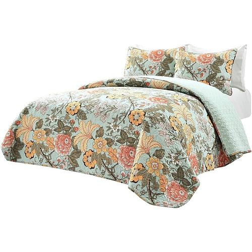 Full/Queen 3 Piece Farmhouse Teal Blue Floral Cotton Reversible Quilt Set - Free Shipping