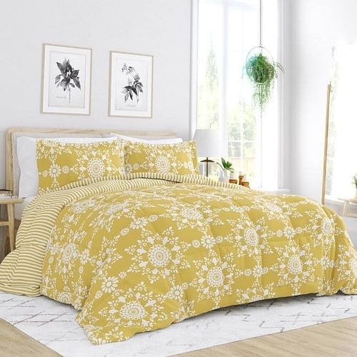 Full/Queen size 3-Piece Yellow White Reversible Floral Striped Comforter Set - Free Shipping 