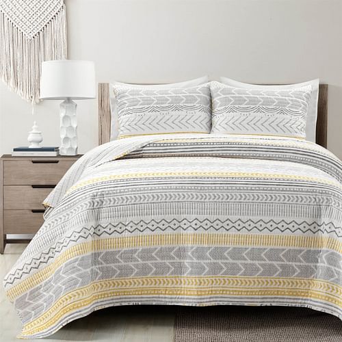 Full/Queen Scandinavian Grey/Yellow Reversible Cotton Quilt Set - Free Shipping