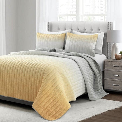 Full/Queen Yellow Orange Grey Lightweight Crinkle Fabric 3 Piece Quilt Set - Free Shipping 