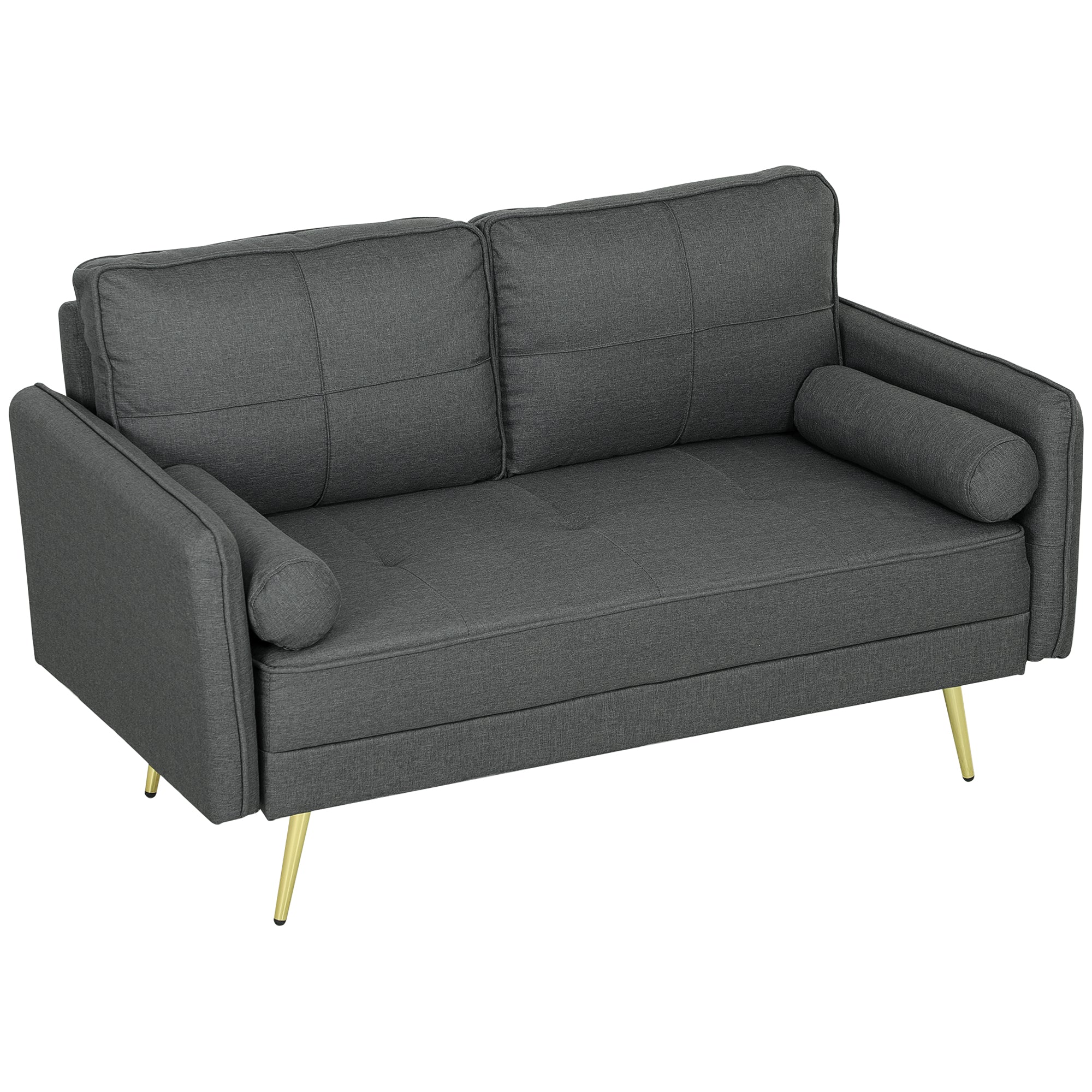 HOMCOM 56" Loveseat Sofa for Bedroom Upholstered 2 Seater Couch with Back Cushions and Pillows, Dark Grey 