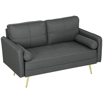 HOMCOM 56" Loveseat Sofa for Bedroom Upholstered 2 Seater Couch with Back Cushions and Pillows, Dark Grey 