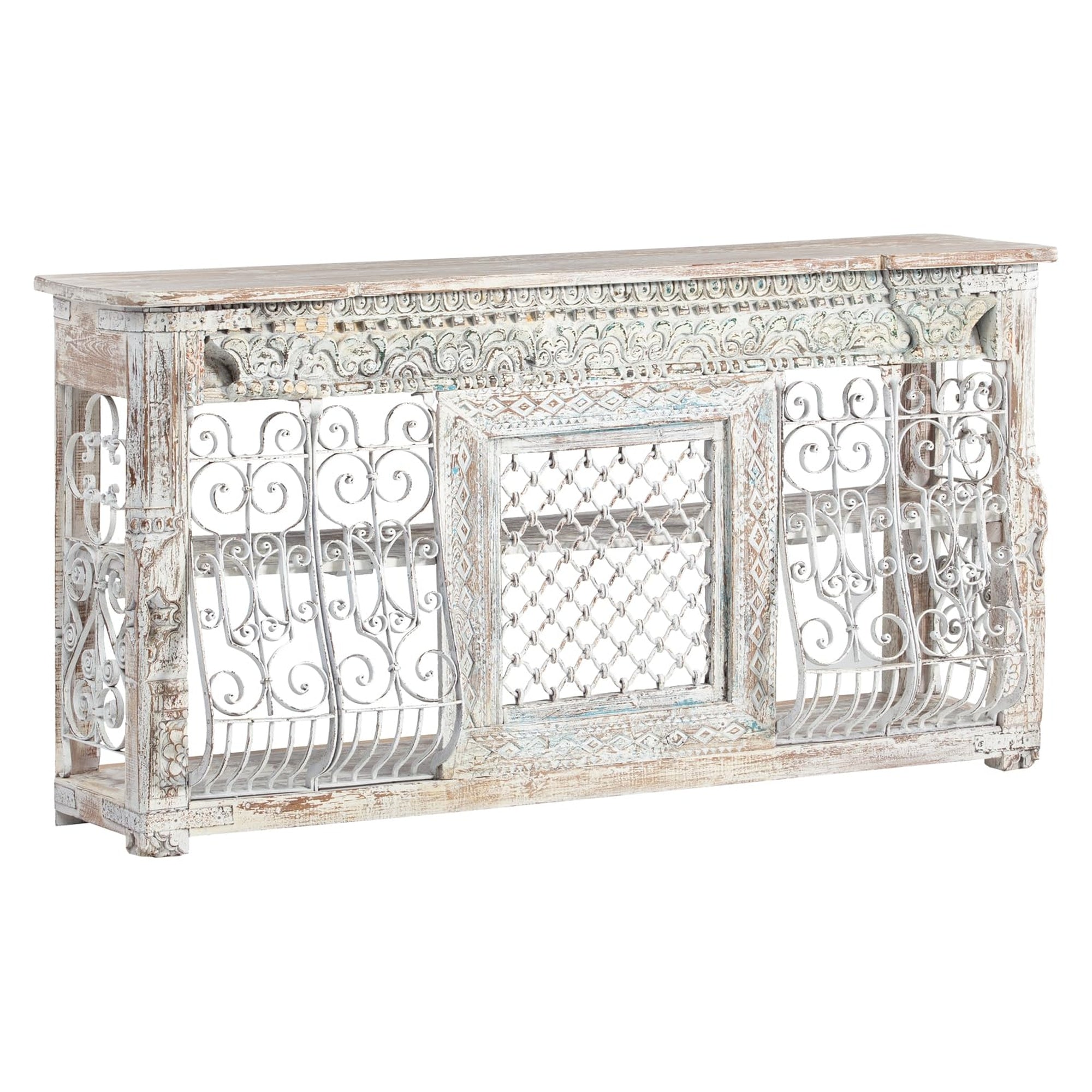 Jali Wooden Console, Wrought Iron Panel 