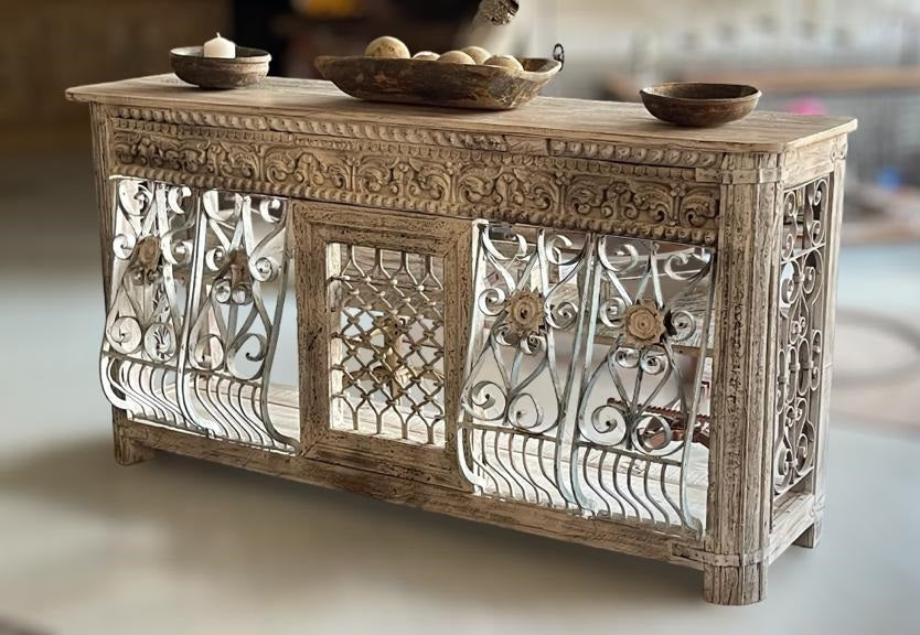 Jali Wooden Console, Wrought Iron Panel 