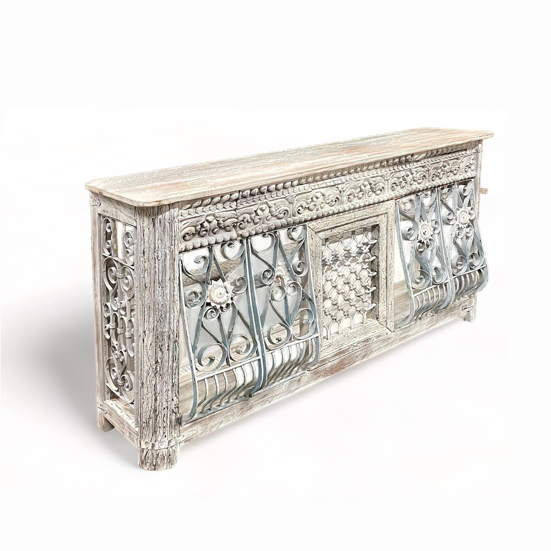 Jali Wooden Console, Wrought Iron Panel 