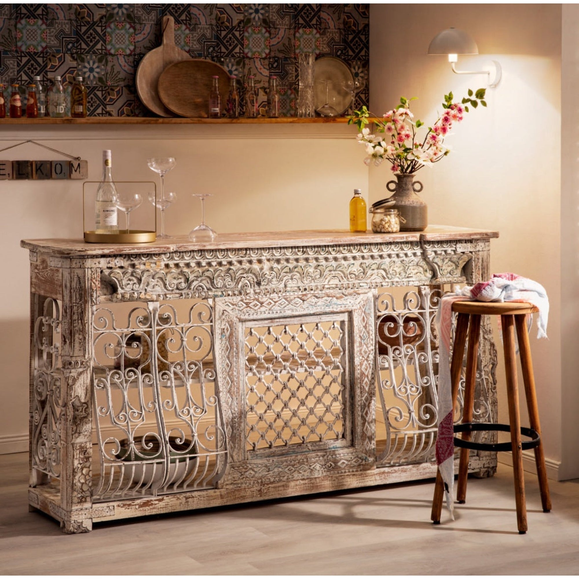 Jali Wooden Console, Wrought Iron Panel 