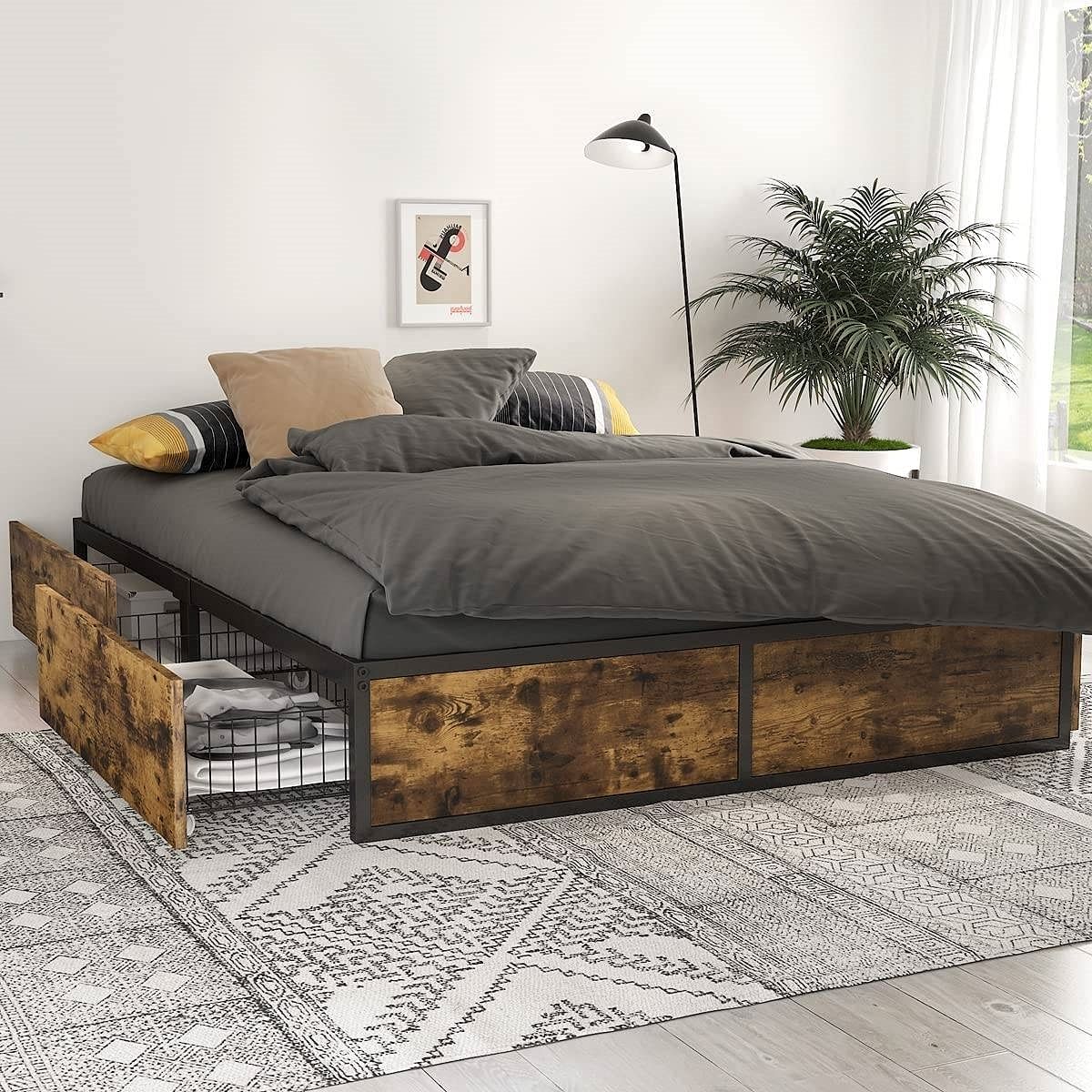 Full Metal Wood Platform Bed Frame with 4 Storage Drawers - 600 lbs Max Weight - Free Shipping 