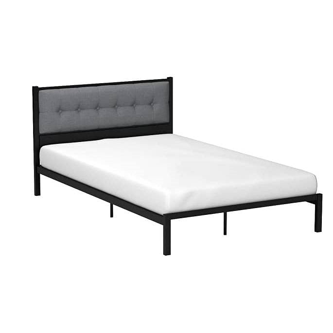 Full Metal Platform Bed Frame with Gray Button Tufted Upholstered Headboard - Free Shipping