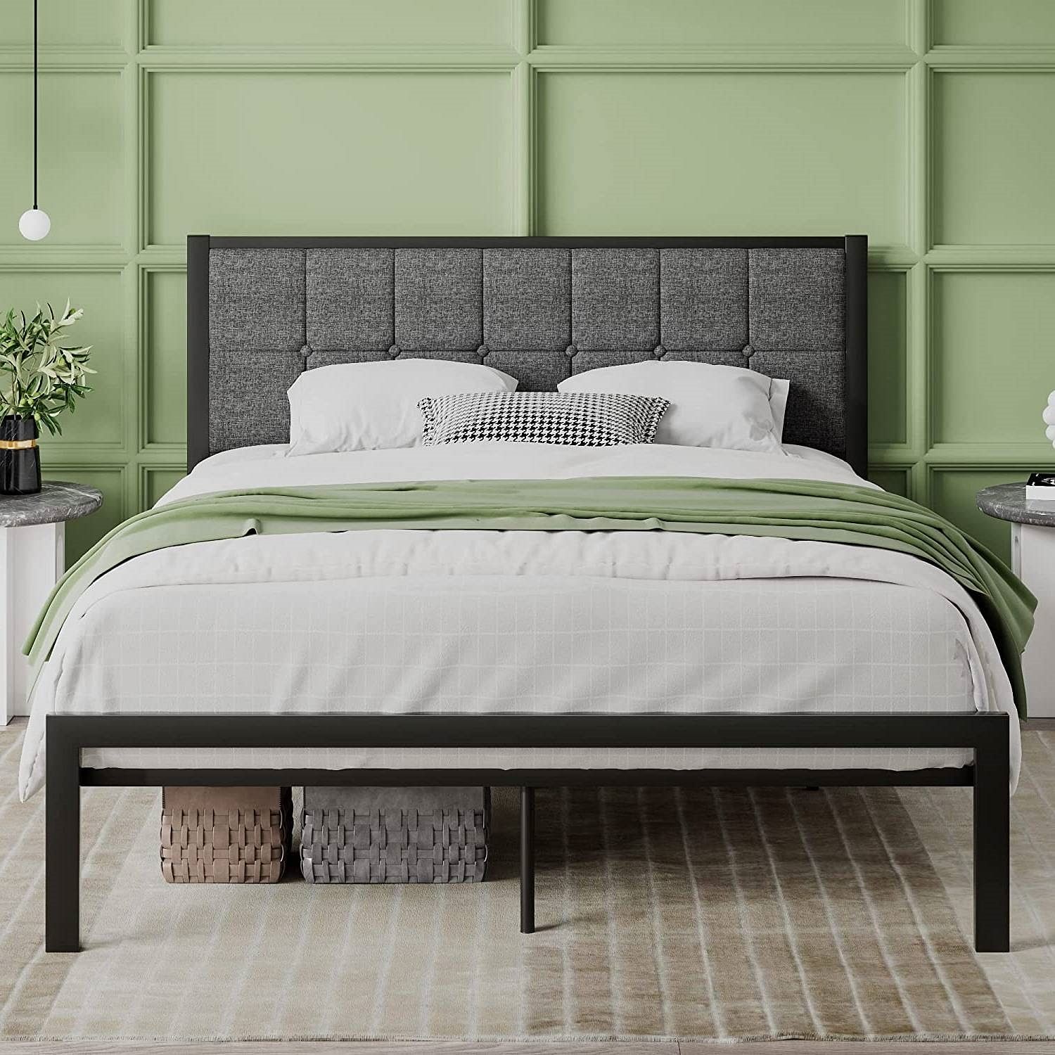 Full Metal Platform Bed Frame with Gray Button Tufted Upholstered Headboard - Free Shipping