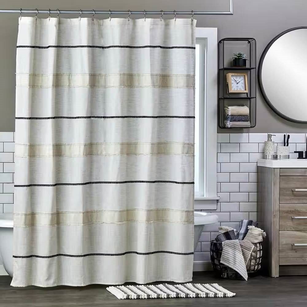 72-inch Polyester/Linen Fabric Shower Curtain in Beige with Black Stripes - Free Shipping 