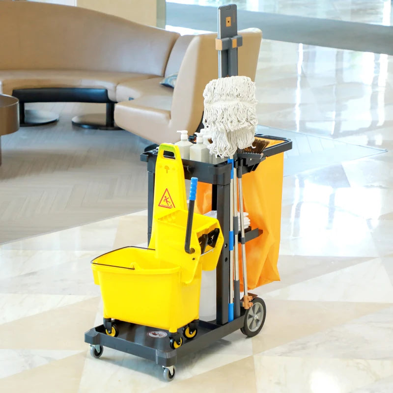 Janitorial Cart with 3 Shelves, Cleaning Cart on Wheels with Rubbish Bag and Mop Holders for Hotel, Housekeeping, Black