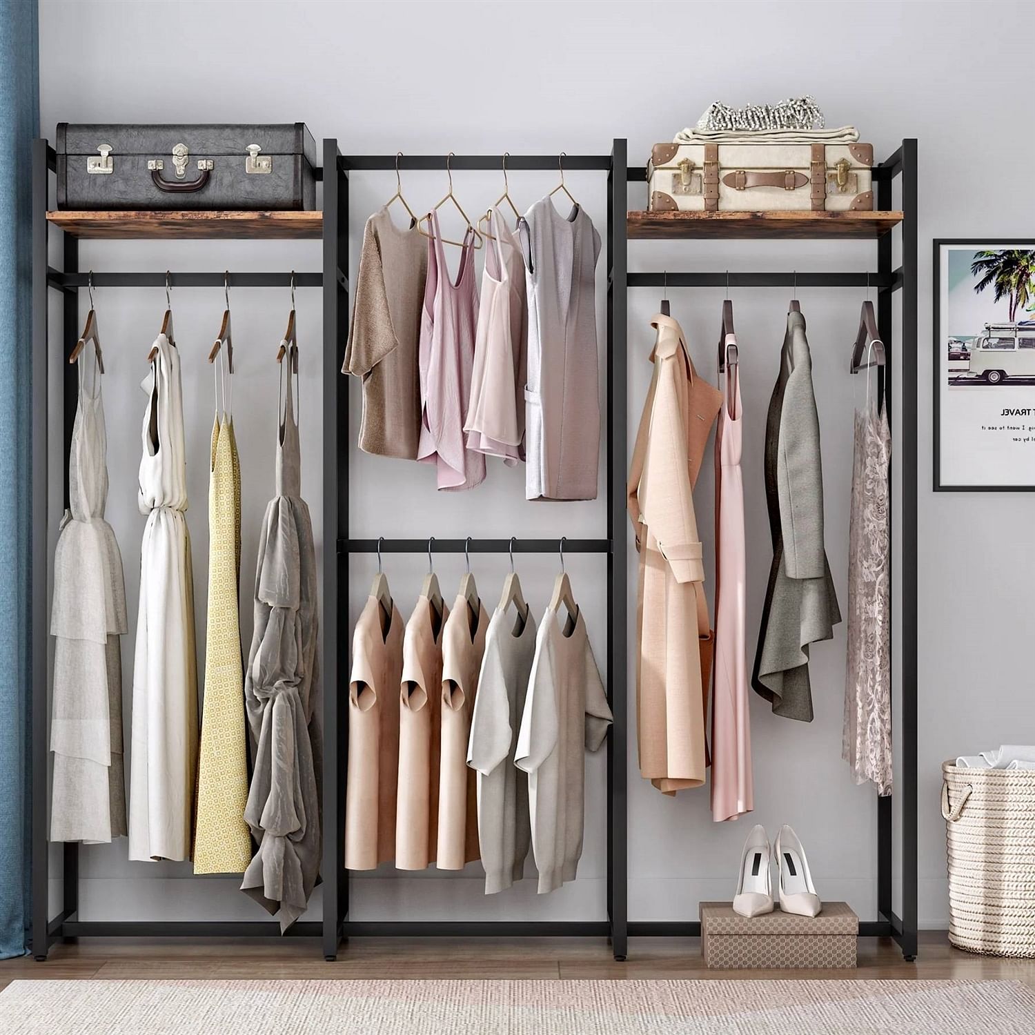 Black Metal Garment Rack with 4 Clothes Hanging Rods and 2 Wood Storage Shelves - Free Shipping 