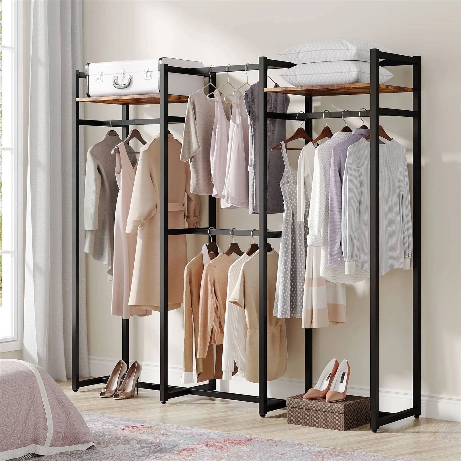 Black Metal Garment Rack with 4 Clothes Hanging Rods and 2 Wood Storage Shelves - Free Shipping 