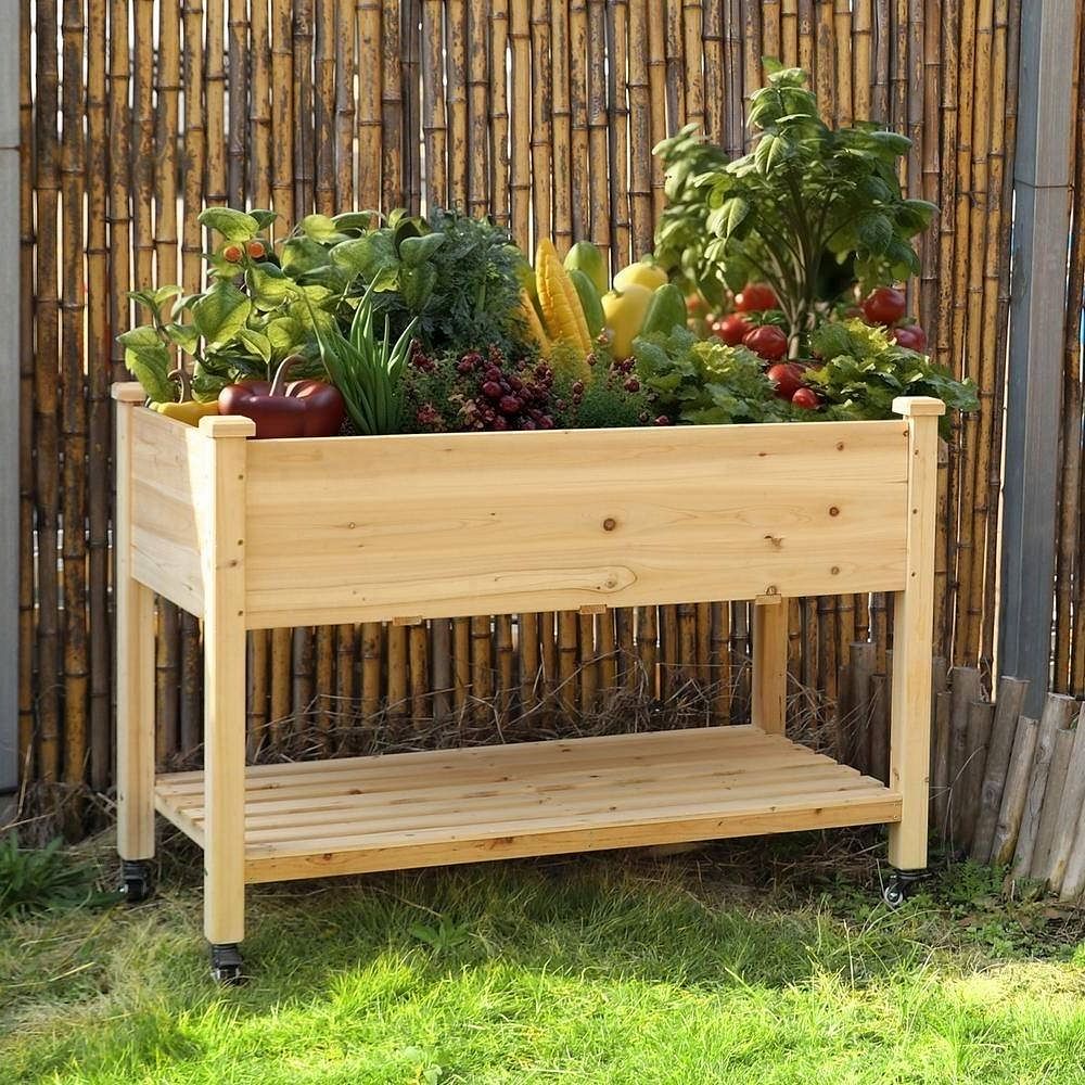 Outdoor Wood Raised Garden Bed Planter Box Cart on Wheels 46-inch x 22-inch - Free Shipping 