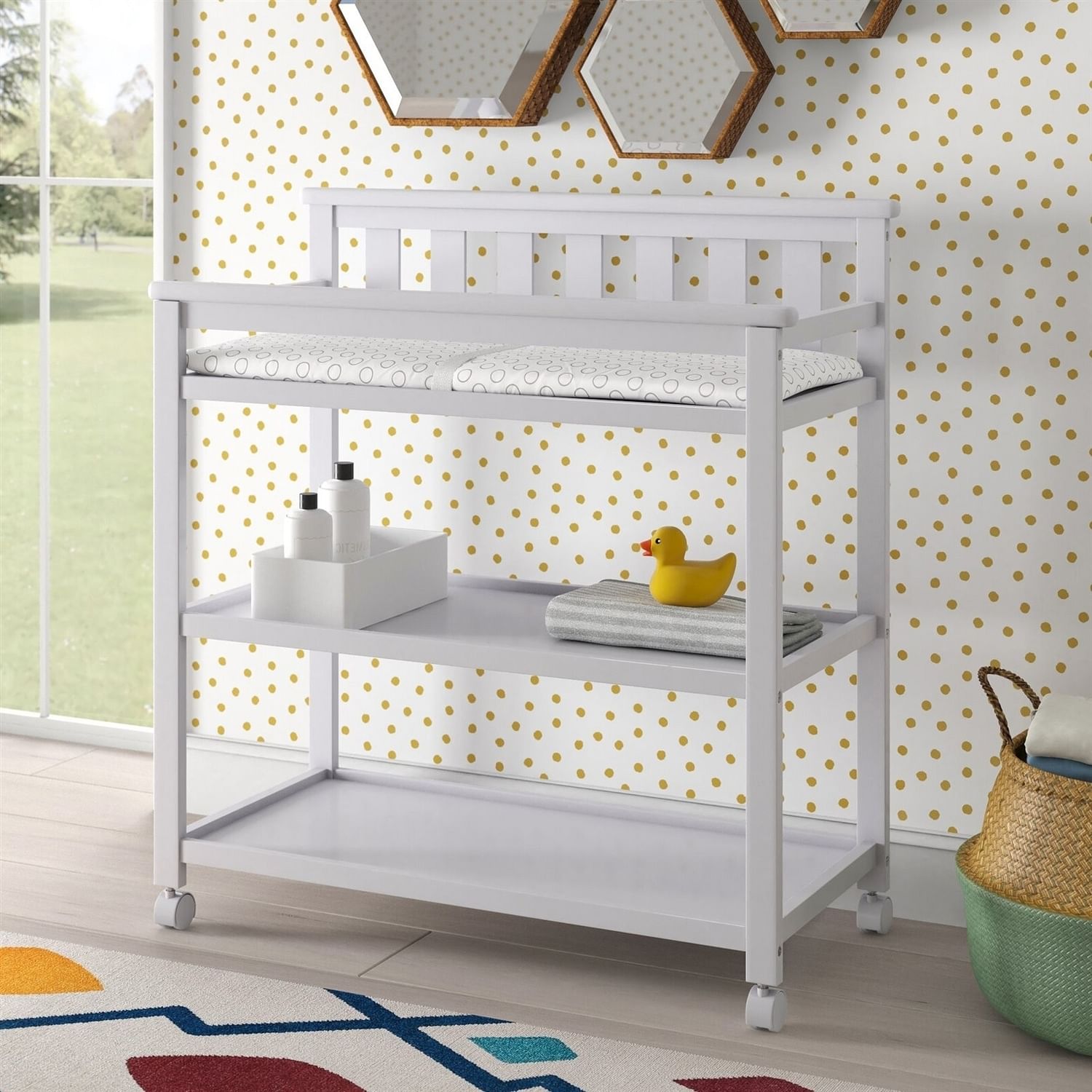 Modern White Baby's First 2 Shelf Changing Table with Wheels - Free Shipping