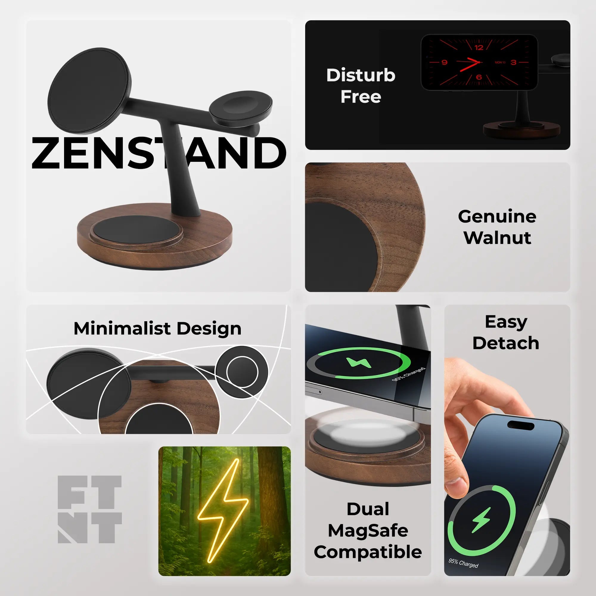 ZenStand 3-in-1 Wood MagSafe charger (with USA/CAN 30W GaN power adapter)