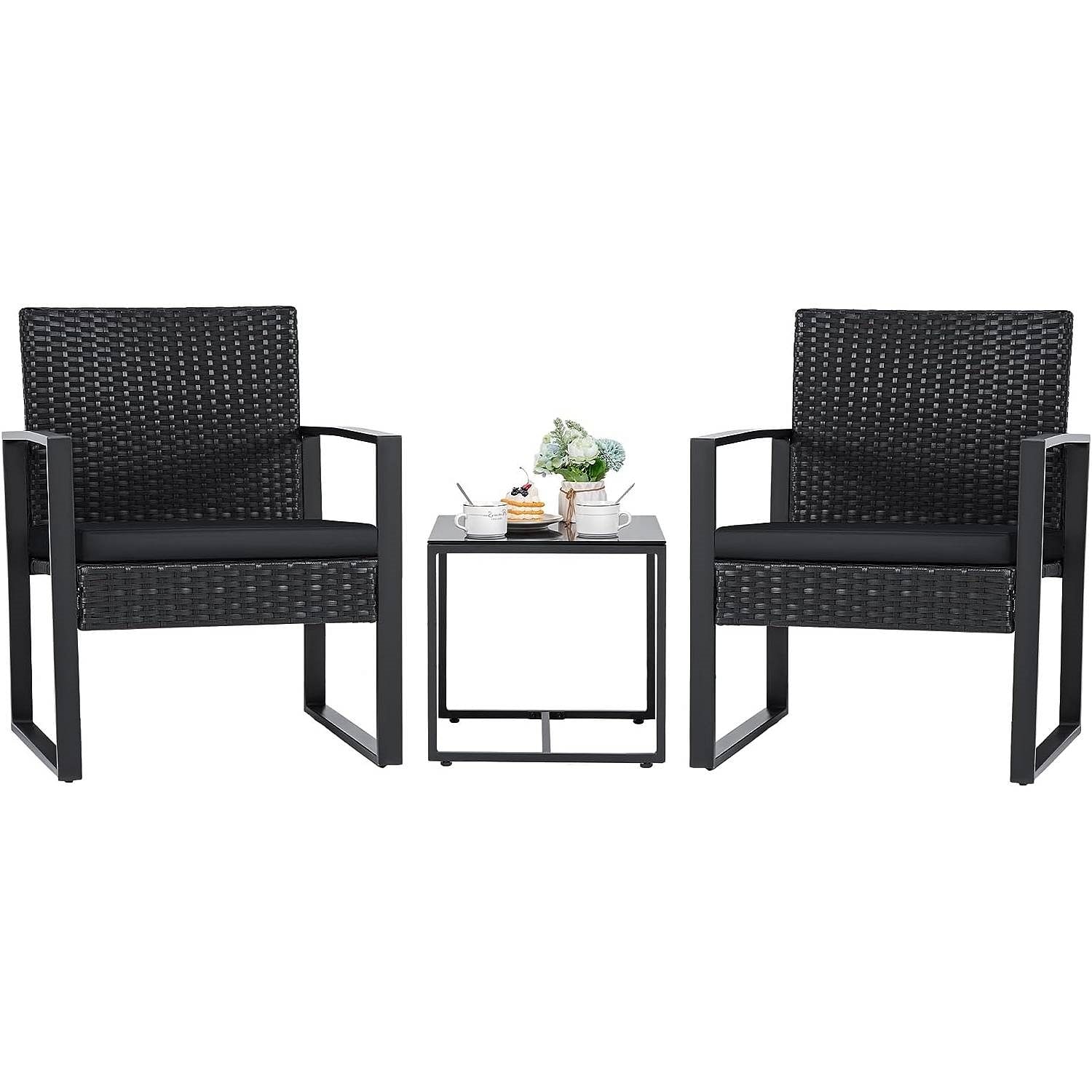 Outdoor 3-Piece Patio Furniture Set with 2 Black Patio Chairs and 1 Side Table - Free Shipping