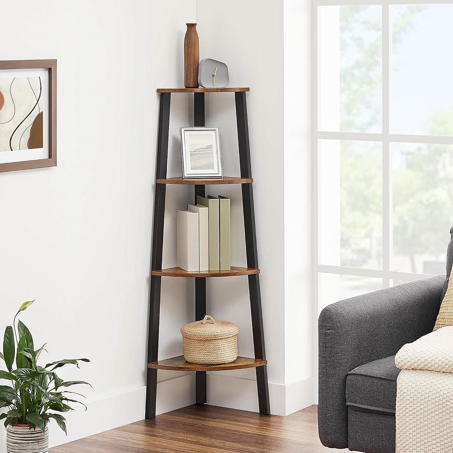 Narrow 3-Shelf Corner Shelving Unit Plant Stand Bookcase in Brown Black Wood - Free Shipping 