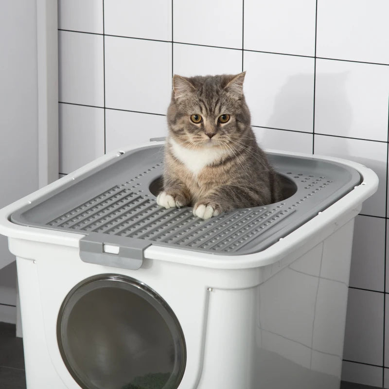 Enclosed Cat Litter Box, Easy Cleaning Kitty Litter Box with Front Entrance, Top Exit, Scoop, White