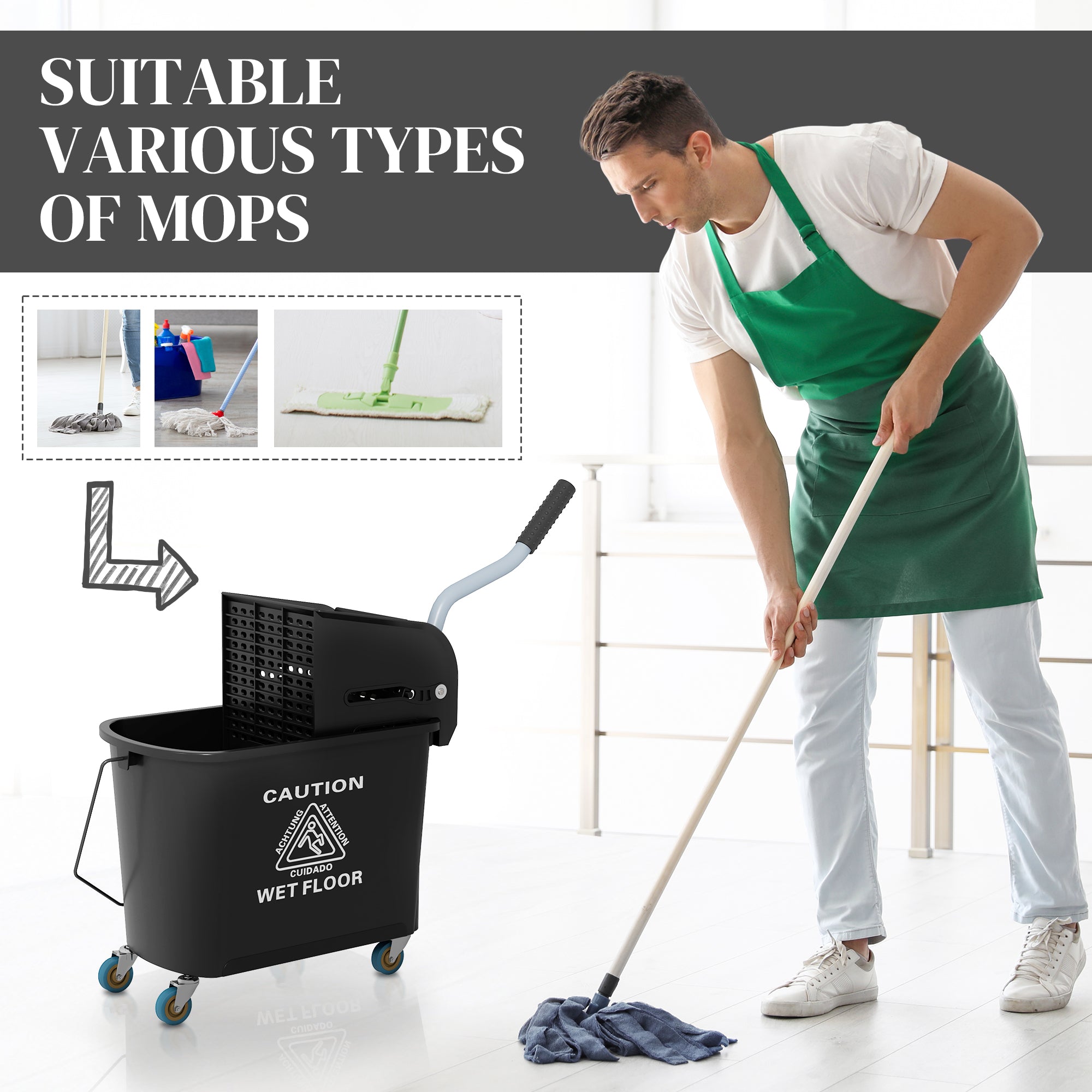 HOMCOM Mop Bucket with Wringer, Mop Bucket on Wheels for Floor Cleaning, 5 Gallon, Separate Dirty and Clean Water, Black 