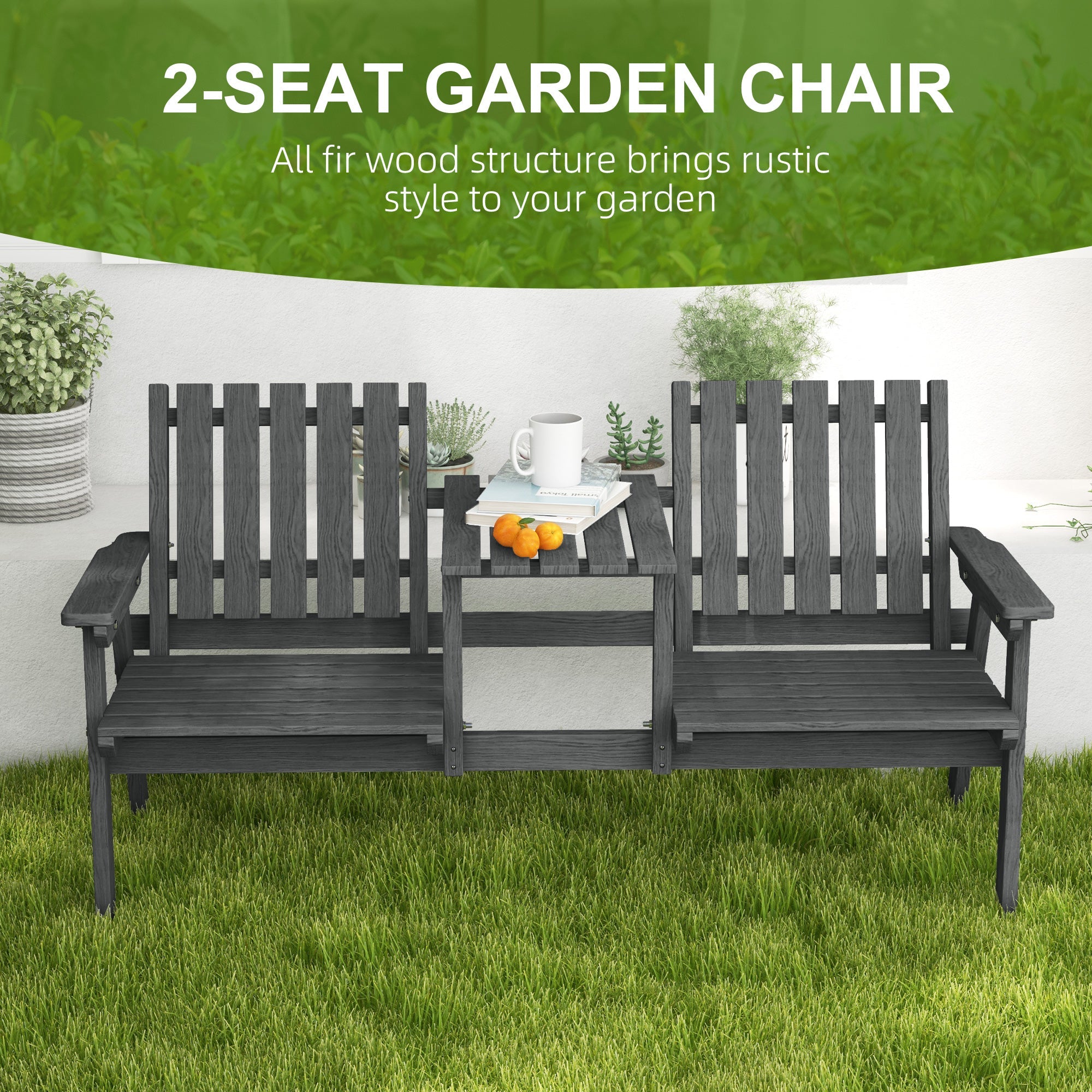 Outsunny Garden Bench for 2 Persons with Middle Table and Umbrella Hole, 2-Seater Outdoor Wooden Bench with Slat Design, Grey 
