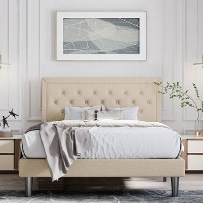 Full Size Adjustable Height Platform Bed Frame with Beige Upholstered Headboard - Free Shipping 