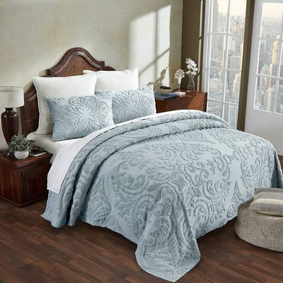 Full Size 100-Percent Cotton Chenille 3-Piece Coverlet Bedspread Set in Blue - Free Shipping 