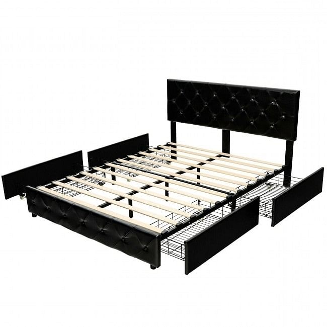 Full Size Black PU Leather Button Tufted Platform Bed with 4 Storage Drawers - Free Shipping