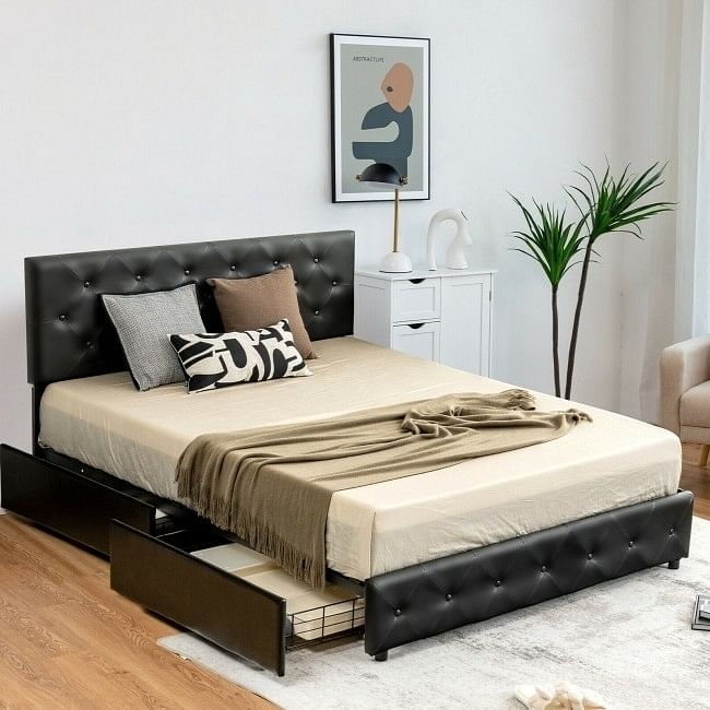 Full Size Black PU Leather Button Tufted Platform Bed with 4 Storage Drawers - Free Shipping