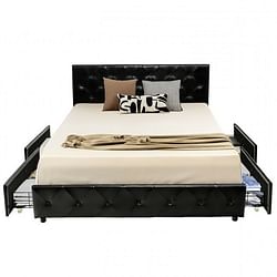 Full Size Black PU Leather Button Tufted Platform Bed with 4 Storage Drawers - Free Shipping