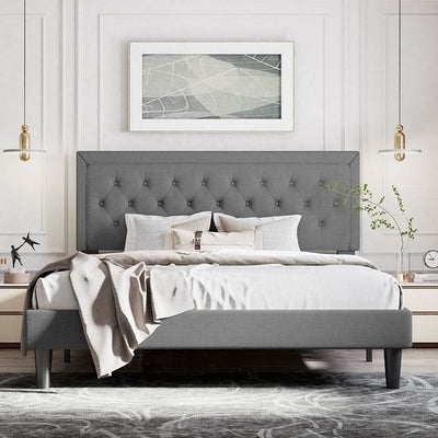 Full Size Dark Grey Linen Upholstered Platform Bed with Button-Tufted Headboard - Free Shipping 