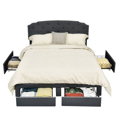 Full Size Grey Linen Adjustable Headboard 4 Drawer Storage Platform Bed - Free Shipping 