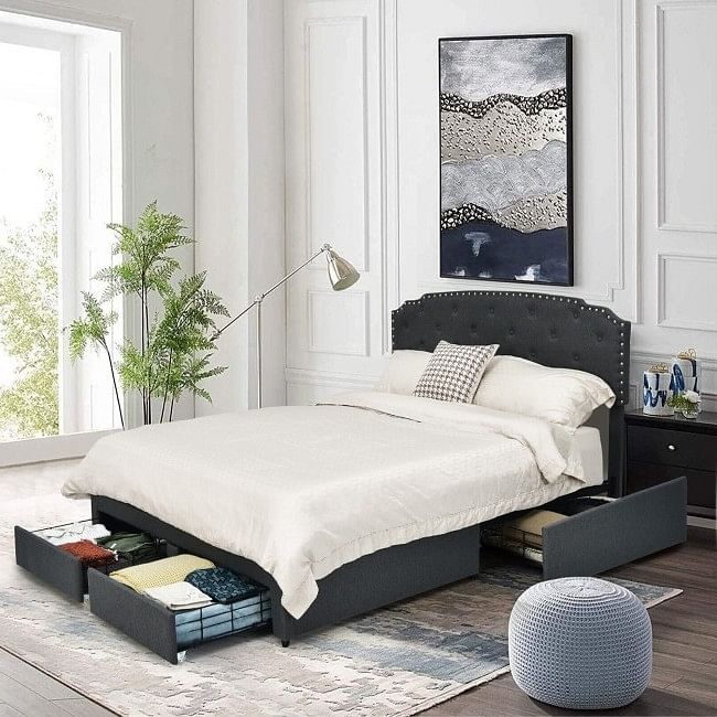 Full Size Grey Linen Adjustable Headboard 4 Drawer Storage Platform Bed - Free Shipping