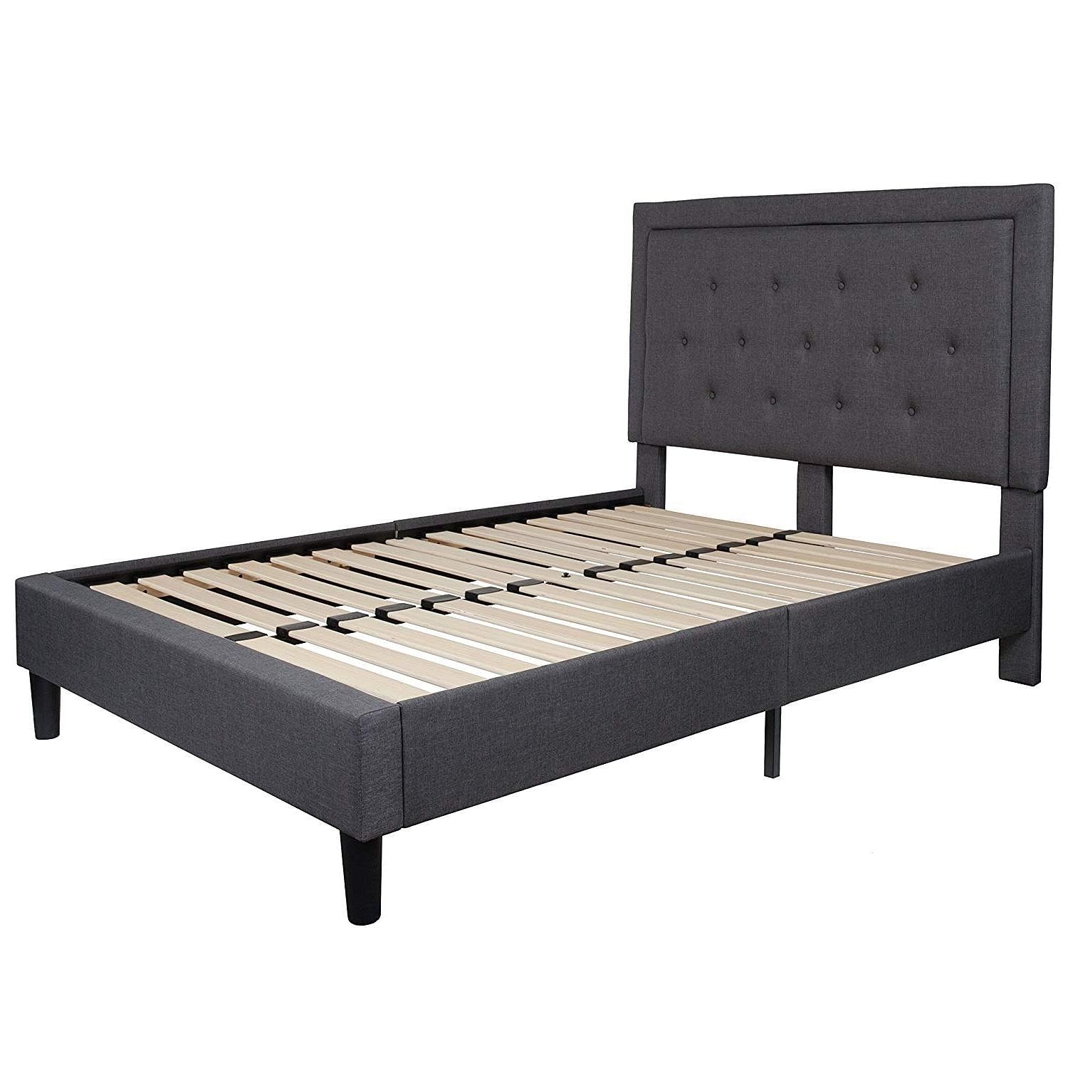 Full size Dark Grey Fabric Upholstered Platform Bed Frame with Tufted Headboard - Free Shipping