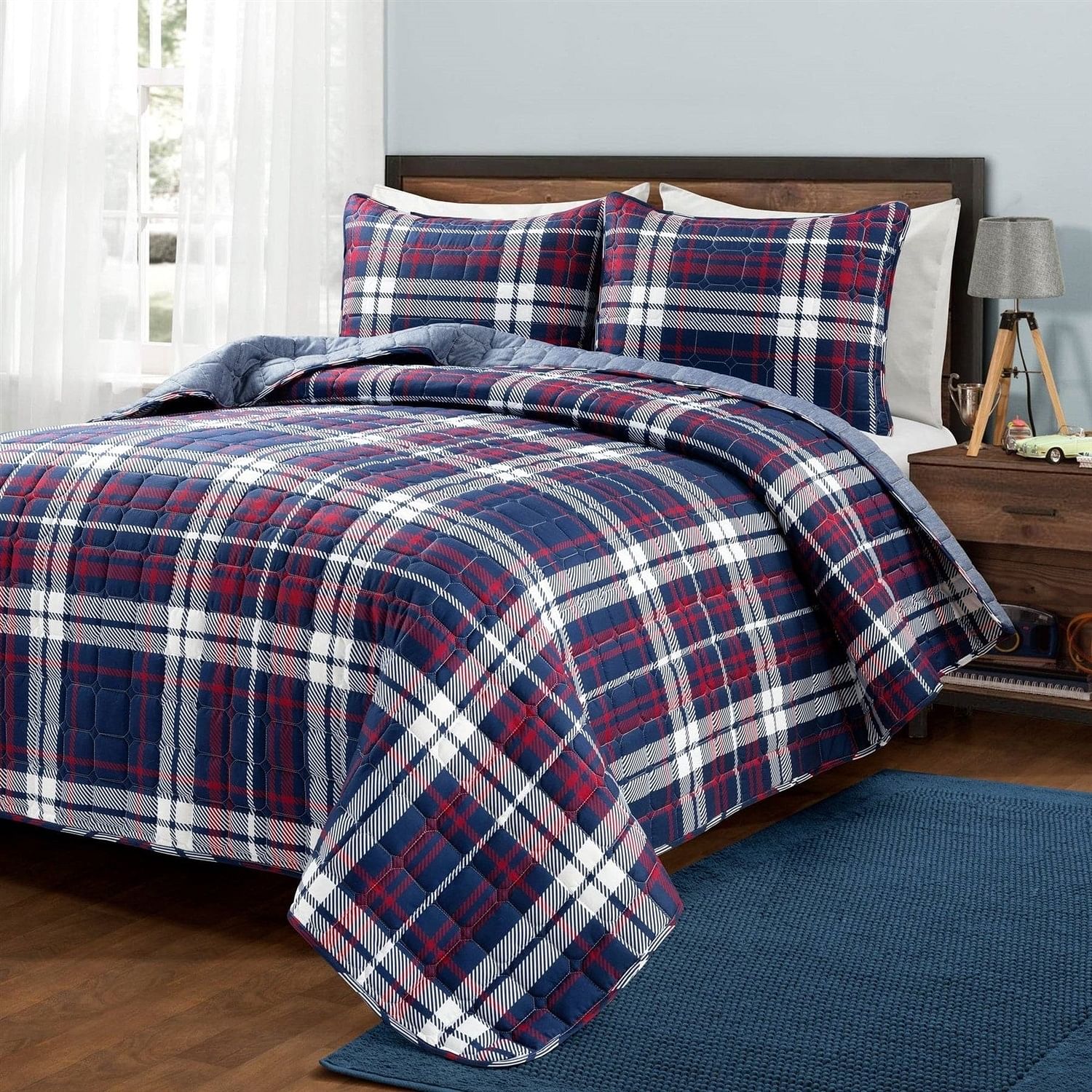 Full/Queen Farmhouse Plaid 3 Piece Lightweight Reversible Quilt Set - Free Shipping