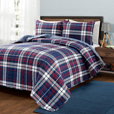 Full/Queen Farmhouse Plaid 3 Piece Lightweight Reversible Quilt Set - Free Shipping 