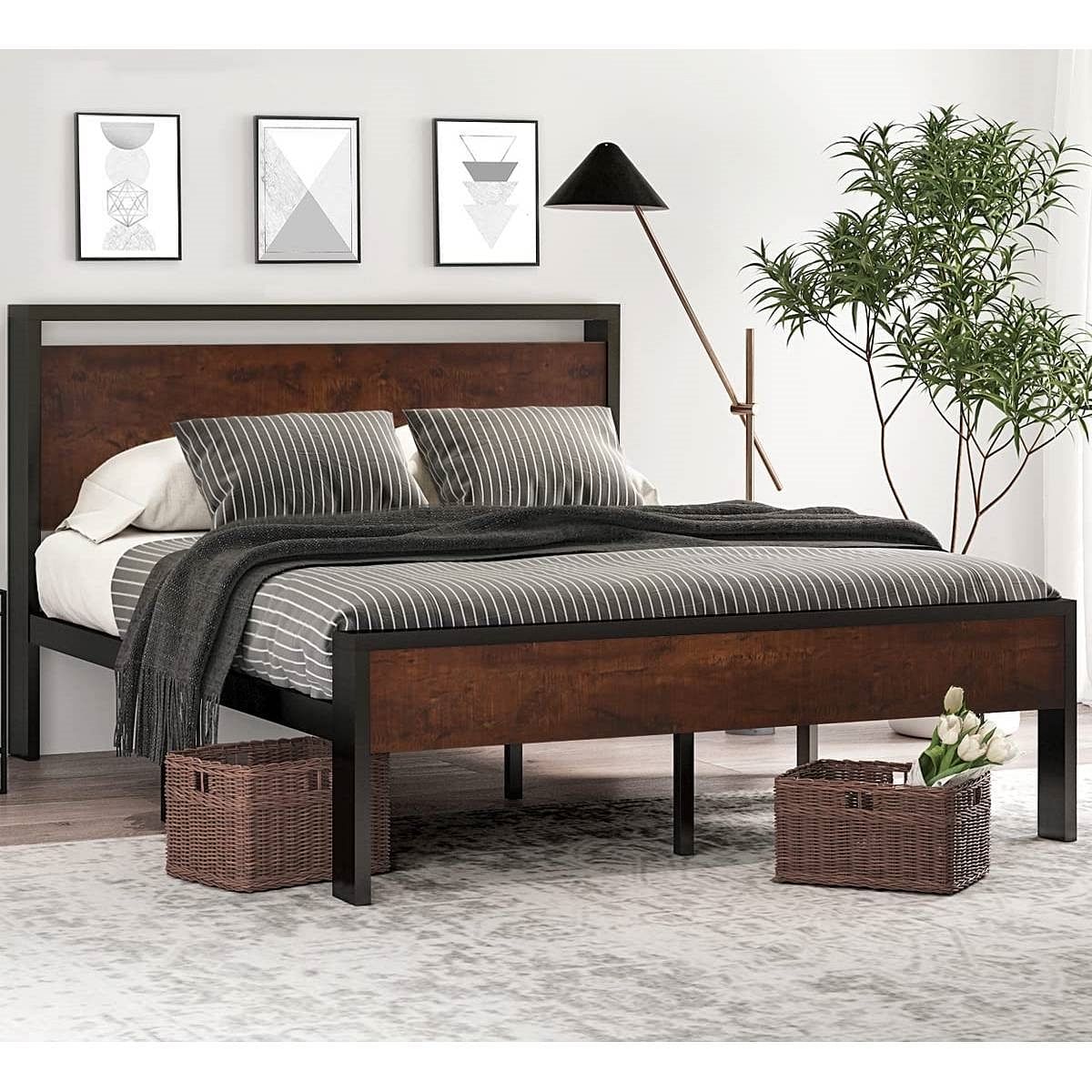 Full Metal Platform Bed Frame with Mahogany Wood Panel Headboard Footboard - Free Shipping