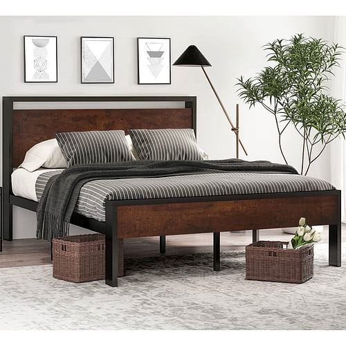 Full Metal Platform Bed Frame with Mahogany Wood Panel Headboard Footboard - Free Shipping