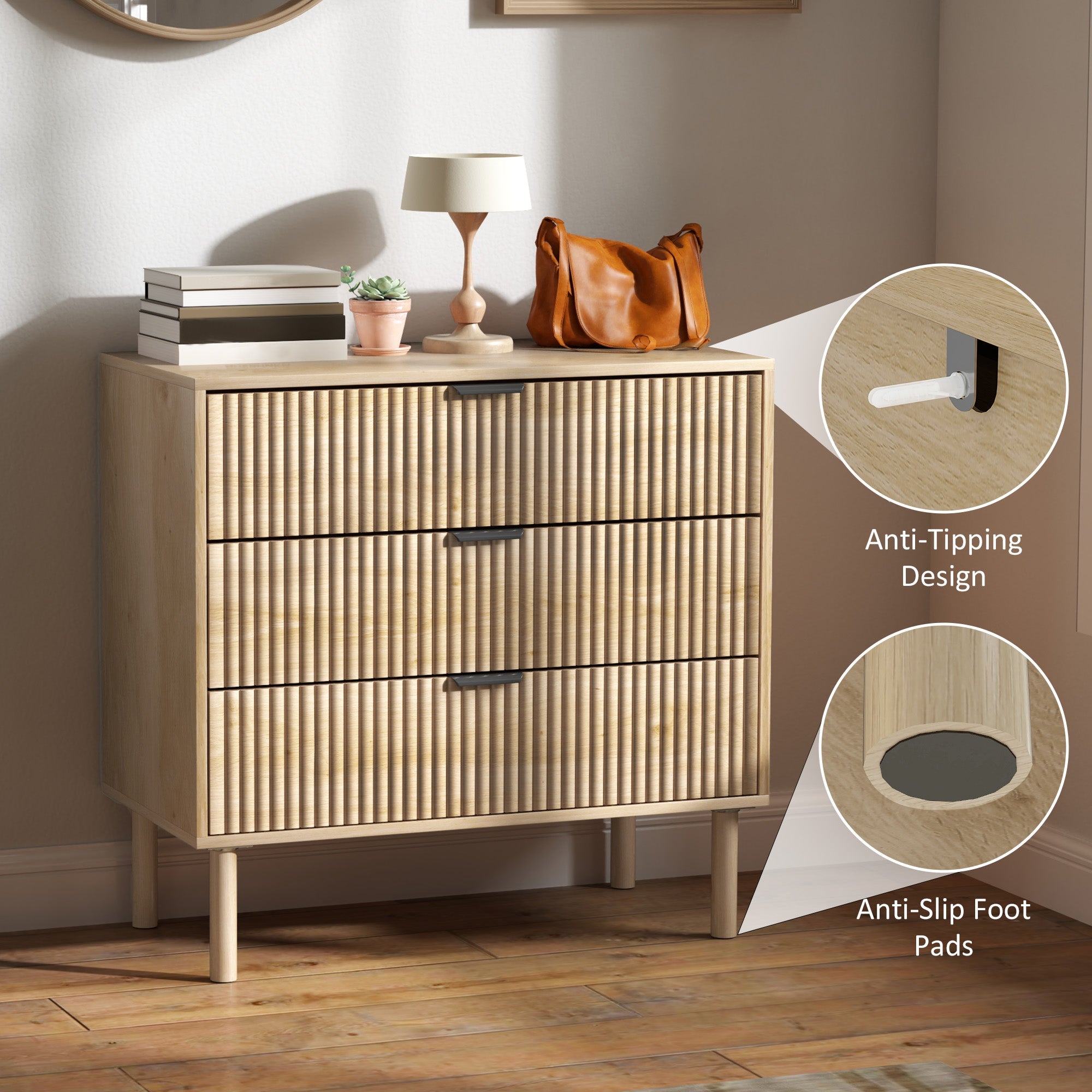 HOMCOM Bedroom Chest of Drawers, 3 Drawer Dresser with Fluted Panels and Solid Wood Legs, Storage Cabinet for Living Room, Oak 
