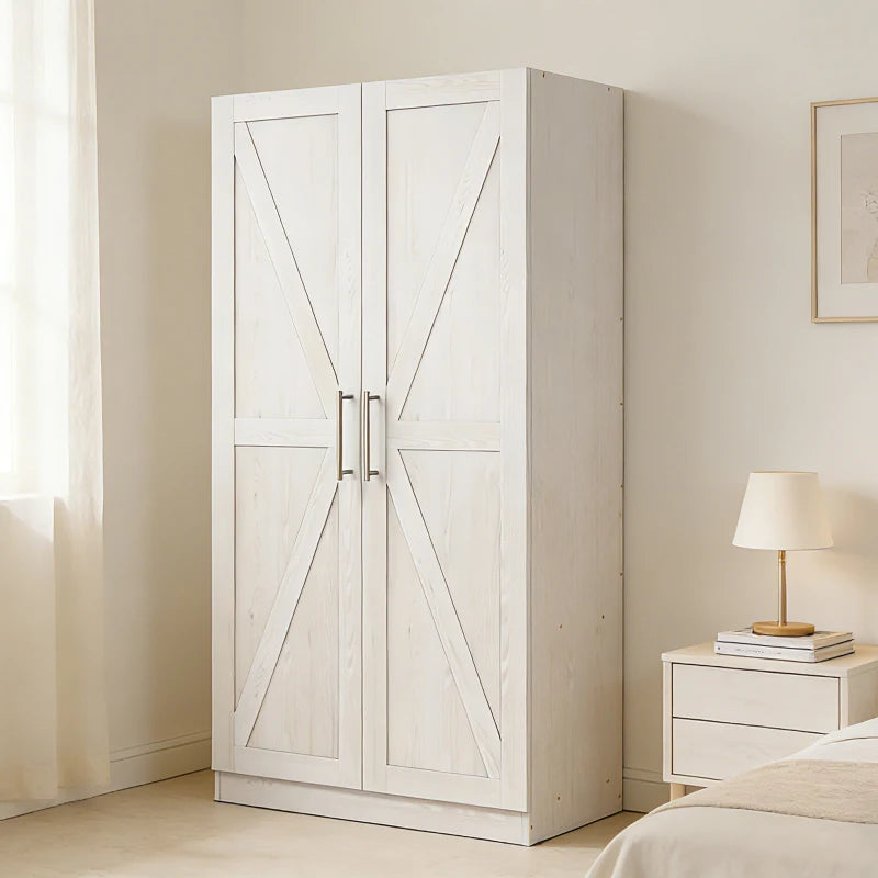 Wardrobe Cabinet with Hanging Rod, Anti-Tipping and 2 Barn Doors, Farmhouse Wardrobe Closet for Bedroom, White Wood Effect
