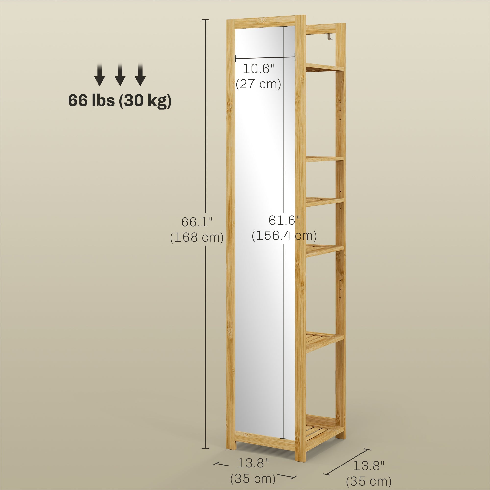HOMCOM 6-Tier Bamboo Bathroom Shelves with Mirror, Freestanding Bathroom Rack with 6 Slatted Shelves, Nature Wood 