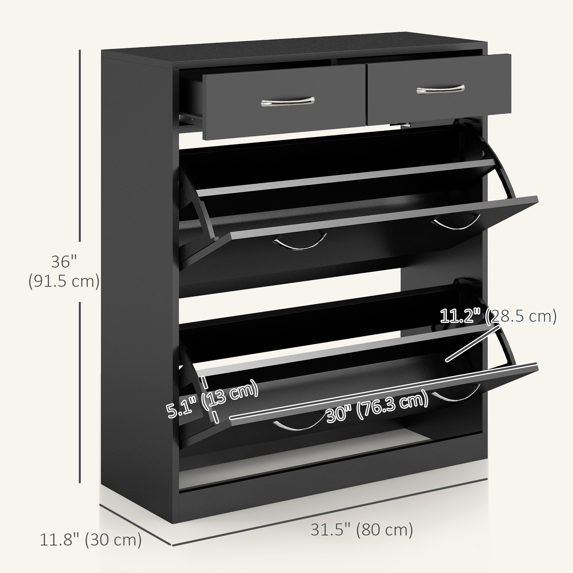 HOMCOM Shoe Storage Cabinet 12 Pairs Adjustable Shelves 2 Drawers Space Saving Compact Black 