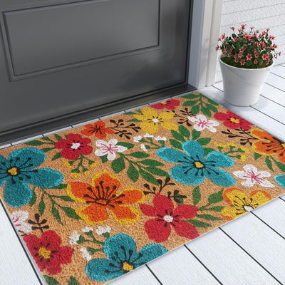 Floral Pattern Coir Doormat, Natural & Multi-Color 