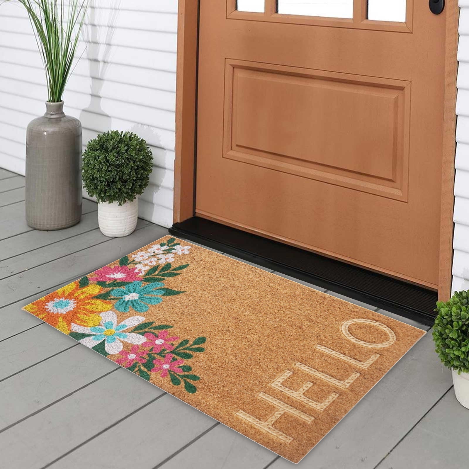 ~HELLO~ Floral Pattern Coir Doormat, Natural 
