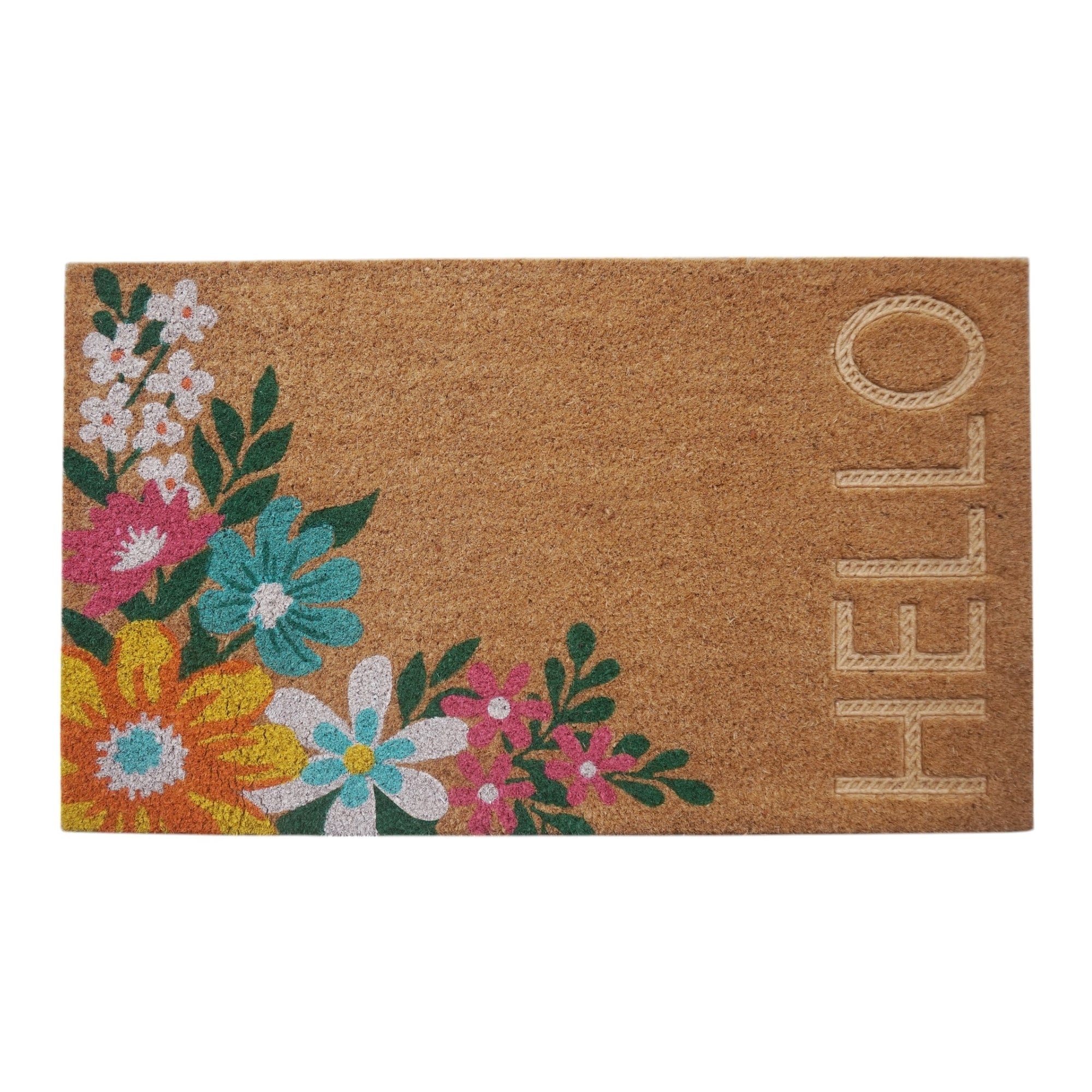 ~HELLO~ Floral Pattern Coir Doormat, Natural 