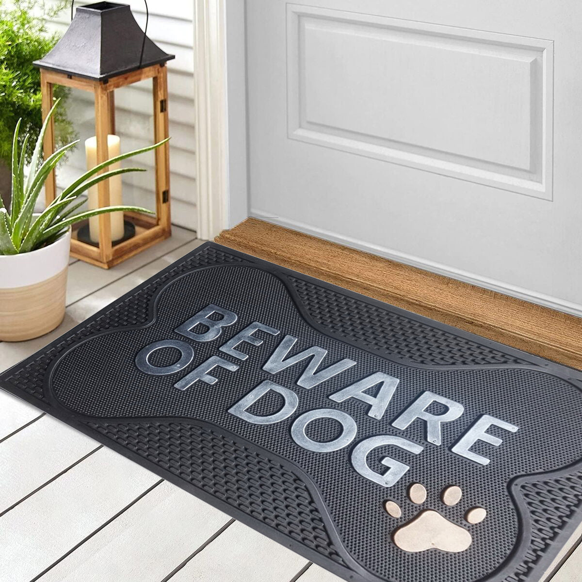~BEWARE OF DOG~ Rubber Doormat, Silver & Copper Finish 