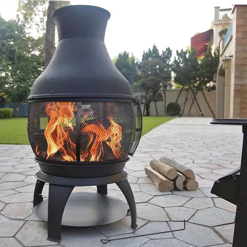 45-inch Black Cast Iron and Steel Outdoor Fire Pit Chimenea - Free Shipping 
